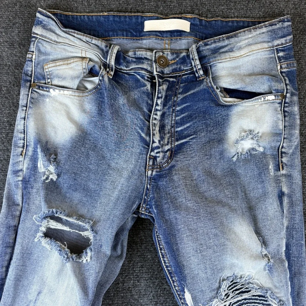 KDNK 11 4 14 11 Skinny Jeans Mens 31x30.5 Blue Denim Cotton Stretch Distressed‎